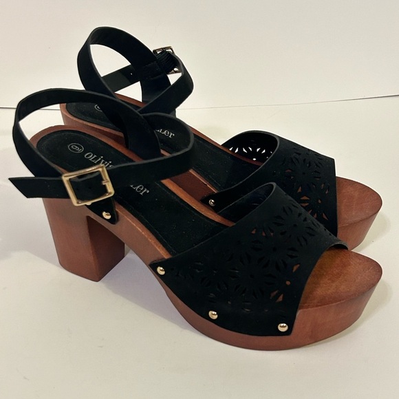 Olivia Miller Wedge Out Womens 9 Black Chunky Block Studded Open Toe - Picture 3 of 10